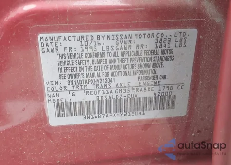 2017 Nissan Sentra Sv из США, поврежденный, VIN 3N1AB7APXHY212041